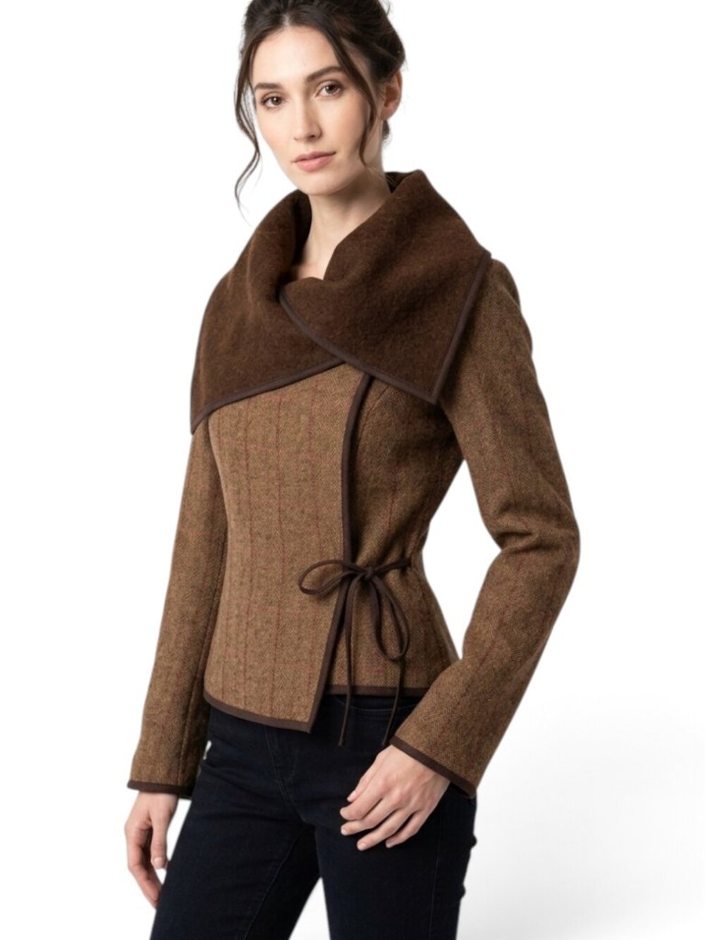 Peruvian Connection Brown Tweed Herringbone Wrap Style Alpaca Wool Jacket 4